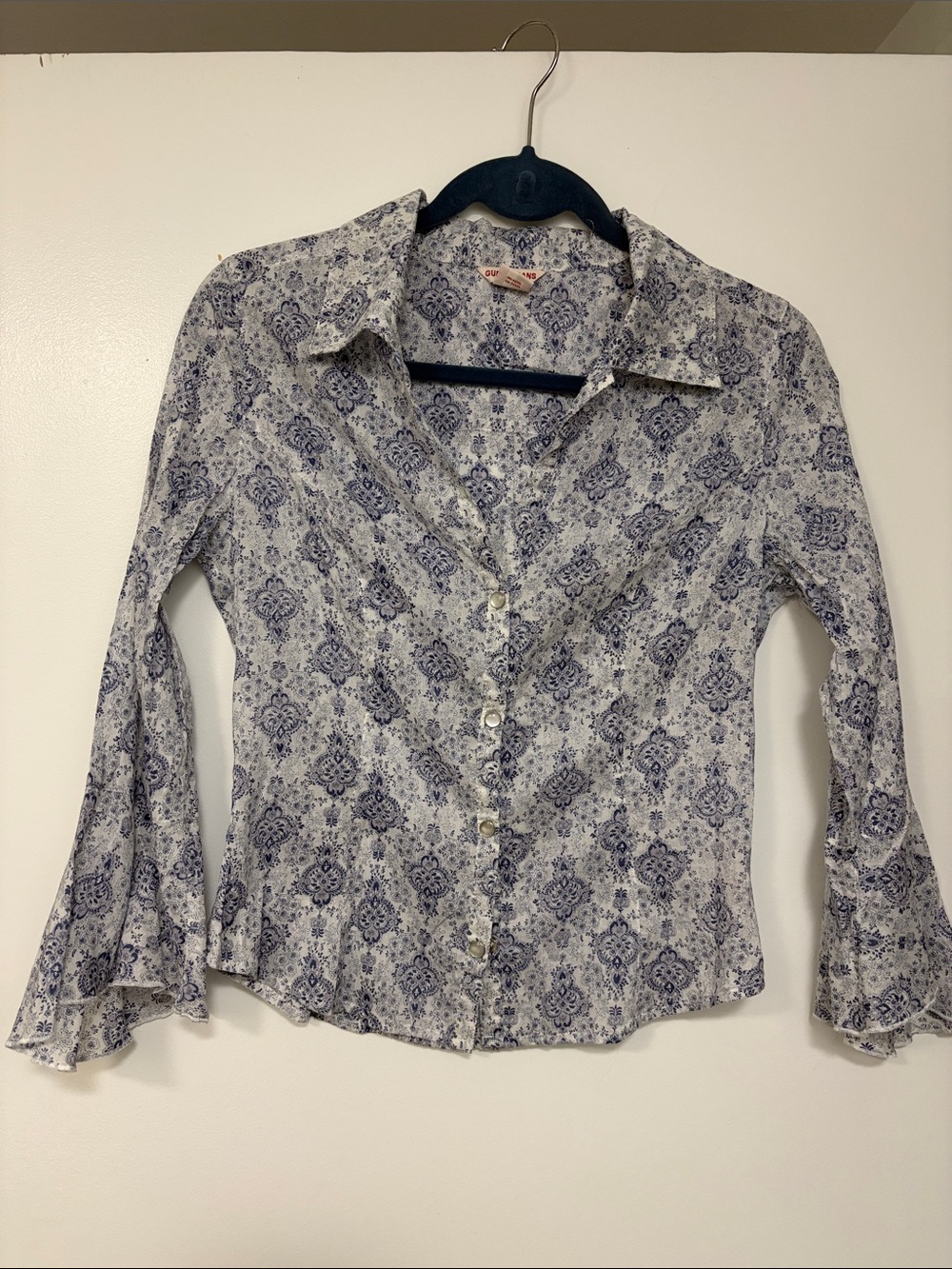 Guess Western Shirt Womens M Blue Floral Pearl Snap Y2K Country Festival Boho